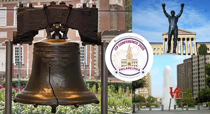 Collage of the Liberty Bell, Rocky statue, and LOVE statue