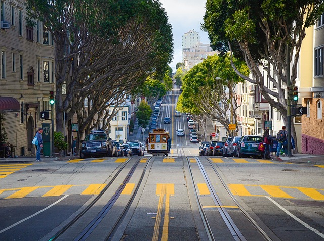 Street view of San Francisco with a cable car