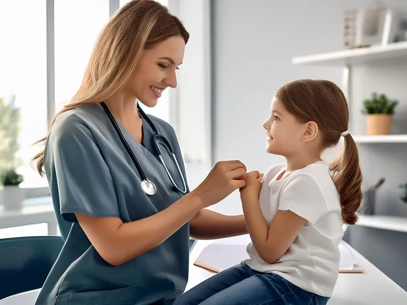 Illustration of doctor speaking with a child in the doctor's office